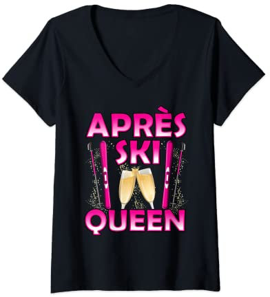 Damen Lustig Apres Ski Queen Skier Winterurlaub Frauen Spruch T-Shirt mit V-Ausschnitt