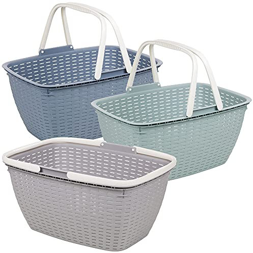 3 Colour Plastic Rattan Shopping Storage Carrying Basket Box with Folding Handle (1 of each colour)