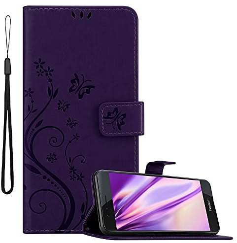 cadorabo Coque Compatible avec Honor 8/8 Premium en Lilas FONCÉ Floral - Housse Protection en Design de Fleur avec Fermoire Magnétique, Stand Horizontal et 3 Fentes Cartes - Etui Poche Case Cover