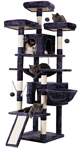 Hey-brother Cat Tree, 71 inches XL Large Cat Tower for Indoor Cats, Multi-Level Cat House with 3 Padded Perches, Big Scratcher, Cozy Basket, 2 Cat Condos and Scratching Posts, Smoky Gray MPJ034G