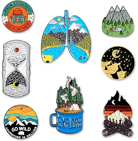 Monsully 8 Pieces Cartoon Enamel Brooch Set, Outdoors Mountain Starry Night Enamel Pin Cartoon Metal Badge Pins for Children Women Fashion Collar Badge Clothing Bags Jackets Decor, Metal