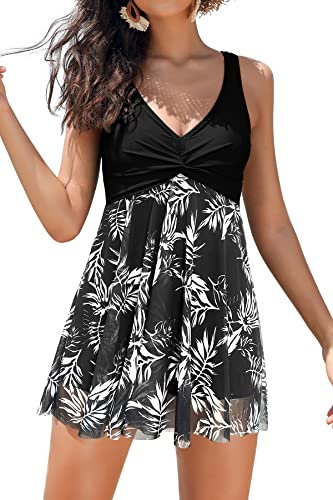SHEKINI Women's Swimdress One Piece V Neck Swimming Costume Splice Printed Mesh Soft Cup Padded Elegant Bathing Suit Tummy Control with Boyshort, Black+Leaf, Large