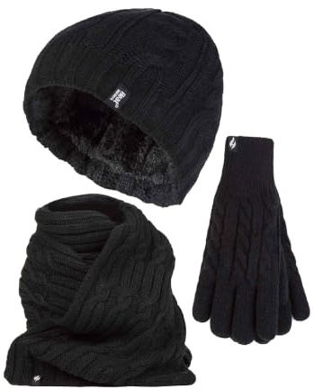 HEAT HOLDERS Ladies Knitted Hat Scarf & Gloves Set Womens Fleece Lined Thermal Cold Weather Set for Winter