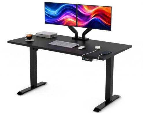 POKAR Höhenverstellbarer Schreibtisch Elektrisch 140x60 cm | Massive 25mm Platte | Memory-Panel mit USB-C und USB-A | Steh-Sitz-Tisch für Home Office | Gestell Schwarz, Platte Schwarz