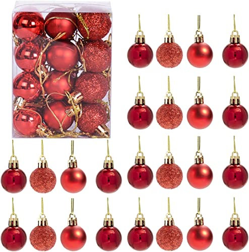 30 mm/24 Stück Weihnachtskugeln, bruchsicher, rot, Weihnachtsbaumschmuck, Kugel, Ornamente, Kugeln, Weihnachtsdekoration, Urlaubsdekoration, glänzend, matt, Glitzer