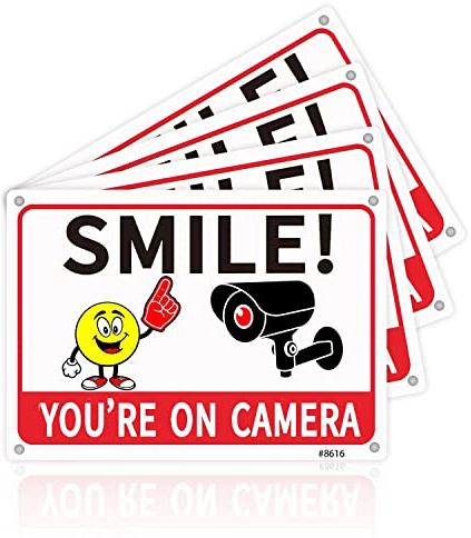 4 Pack Smile Your on Camera Signs, Camera Signs for Home Security,Video Surveillance Signs Outdoor, Aluminum 7 * 10 inchs, Security Camera Sign for Yard and Home(8616)
