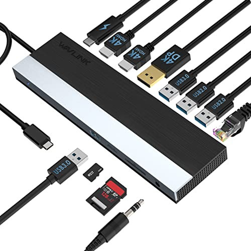 WAVLINK USB C Dockingstation 3 Monitore mit 2 HDMI, DisplayPort, USB A 3.0/2.0, SD & Micro SD Slot, Ethernet, PD Charging für Dell XPS/HP/Lenovo ThinkPad/ASUS/Microsoft Surface/Google
