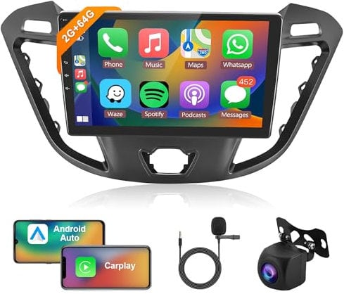 2G 64G Android Car Stereo for Ford Transit Custom Tourneo 2013-2021 Wireless Carplay Android Auto, 9 Inches Touch Screen Car Radio with Mirror Link GPS Bluetooth FM RDS WiFi Backup Camera