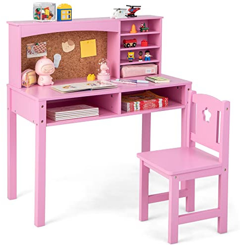COSTWAY Kids Desk and Chair Set, Wooden Children Study Table with Hutch, Cork Board, Storage Shelves, School Students Workstation for Studying, Reading and Drawing (Pink)