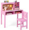 COSTWAY Kids Desk and Chair Set, Wooden Children Study Table with Hutch, Cork Board, Storage Shelves, School Students Workstation for Studying, Reading and Drawing (Pink)