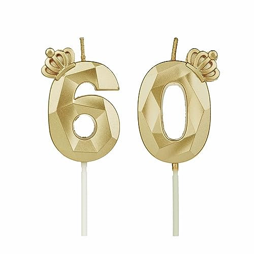 Geburtstagskerzen Zahlen 60 mit Krone,3D Kerzen Geburtstag für Kuchen geburtstagsdeko, Geburtstag Kerzen Zahlen, Geburtstagskerzen Kinder für Partys, Hochzeiten, Firmenfeiern, Jubiläen (Gold, #60)
