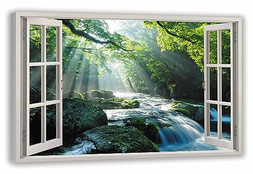 HUBDECO Leinwandbild Fensterblick Waldwasserfall Bild 70x50 cm - Landschaftsbilder auf Leinwand - Wandbilder Wohnzimmer - Bild Fenster mit Ausblick - Aesthetic Room Decor - Wanddeko Schlafzimmer