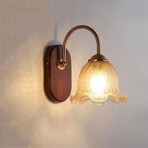 Wireless Wall Lights for Bedroom Vintage Glass Flower Wall Light Cordless Battery Operated Wall Sconce Not Hardwired Fixture Farmhouse Rustic Battery Wall Lamp for Bedroom Bedside Living Room