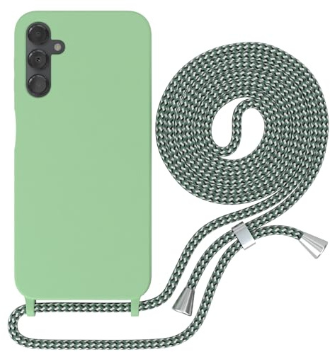 EAZY CASE - Liquid Silikon Handykette - kompatibel mit Samsung Galaxy A14 5G Soft Silikon Slim Cover, 3-Schichten Kratzfest in Grün mit Halsband Hellgrün Camouflage Metallstücke Silber