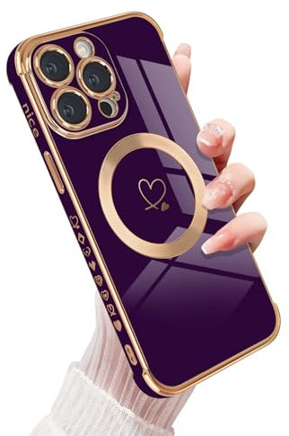Magnetic Case for iPhone 15 Pro Max [Compatible for MagSafe], Soft Silicone Protective Phone Case Cute Gold Love Heart Pattern Shockproof Bumper Cover for iPhone 15 Pro Max -Deep Purple