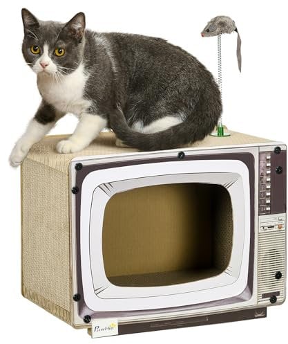 PawHut TV-Shaped Cardboard Cat House with Scratcher, Catnip, Toy Rat