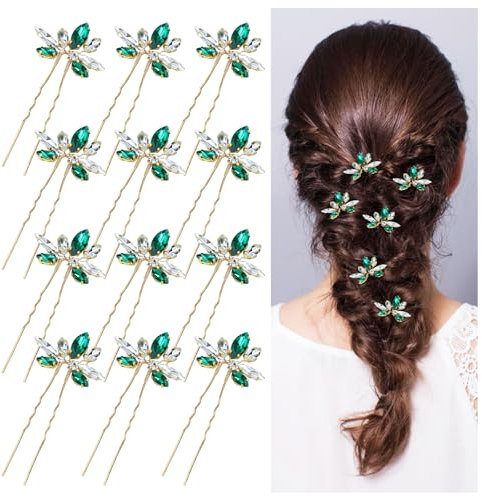 Dizila 12 Pack Gold Metal Emerald Green Rhinestone Party Prom Wedding Bridal U-shaped Hairpins Headpieces Accessories for Brides Bridesmaids Women Girls