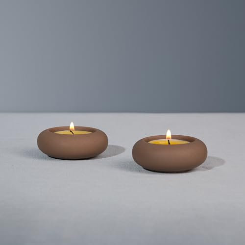ICNBUYS Handgefertigter dekorativer Kieselstein-Teelichthalter, 2er-Set, handgefertigt, Heimdekoration, Akzent zur Beruhigung von erdigem, ästhetischem Zement, Braun, Durchmesser 6,6 cm