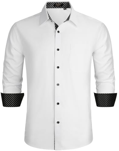 HISDERN Mens Dress Shirts White Long Sleeve Formal Shirts Regular Fit Shirt for Men Business Button Casual Slim Shirt 3XL