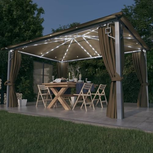 Gecheer Gazebo con Tende e Luci a LED, Gazebo per Esterno, Pergola con Tela, Gazebo da giardino, Gazebo per feste, Gazebo con Zanzariera, Padiglione 4x3m Tortora, Alluminio