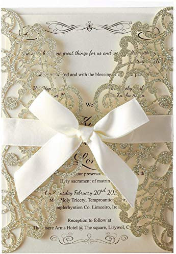 Hosmsua 50x Champagner Gold Glitzer Laserschnitt Spitze Flora Hochzeit Einladungskarten mit Schmetterling und Umschläge für Geburtstag Geburtstag Hochzeitseinladungen, Personalisierter Druck