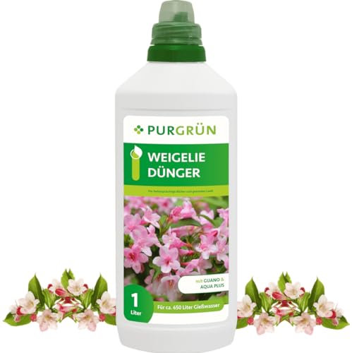 Purgrün® Weigelie-Dünger 1 Liter – Organisch-mineralische Rezeptur – Premium-Flüssigdünger mit Spurennährstoffen – NPK 8+8+6 – Mit Guano & Aqua Plus – Für farbenprächtige Blüten