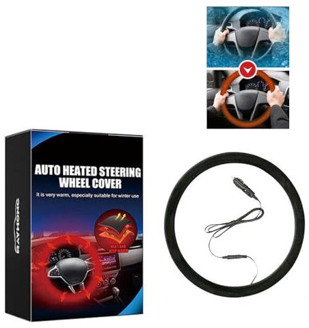 Beheizte Lenkradabdeckung, 12 V Autostecker, universelle Passform 36,8–38,1 cm, Auto-Lenkrad-Schutzhülle mit Heizung für Autos, LKWs, Lieferwagen, Schwarz