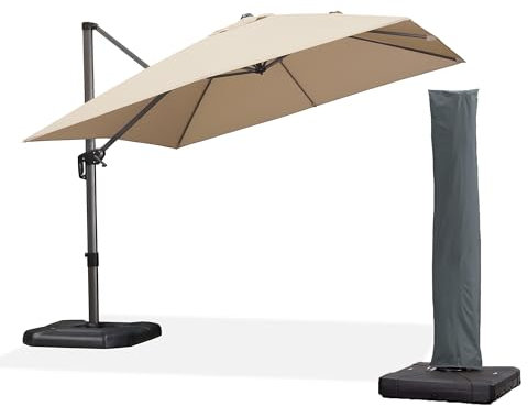 PURPLE LEAF Parasol Déporté 3 x 3 m, Inclus Pied en Croix et Housse de Protection, Parasol de Jardin Extérieur Protection Solaire UPF 50+, Inclinable dans 5 Positions et Rotation à 360°, Beige