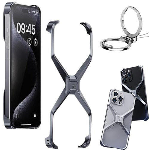 X Shape Anti-Fall Bare Phone Case,X Shaped Metal Frame for iPhone 15/14/13/Pro/Pro Max,Hollow Frameless Cooling Case, Minimalist Slim Lightweight Case (For iPhone 15 Pro Max,Gray)