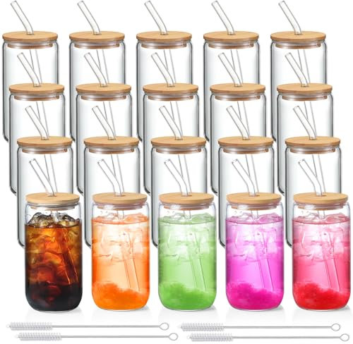 NETANY 20 Pack Glass Cups with Lids and Straws 16 oz, Personalized Customizable Glasses for Gift, Business, Drinking Glasses Set, Iced Coffee Cup, Cute Aesthetics Tumbler for Tea, Homemade Drinks
