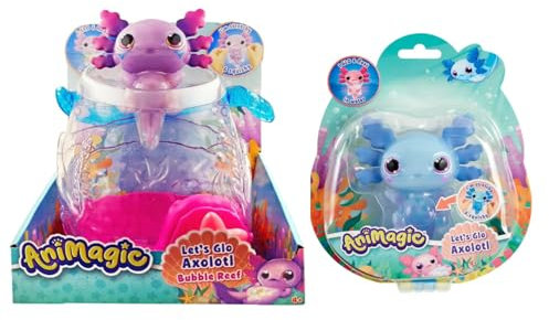 Animagic - Lot 1 Aquarium Axolotl Violet + 1 Axolotl Bleu - Animal de Compagnie Électronique & Lumineux - pour Enfants dès 4 Ans - Corps Extensible - Aquarium pour Transport des Axolotl