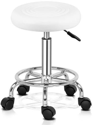 Bonnlo Rollhocker höhenverstellbar, Arbeitshocker 360° drehbar, Drehhocker für Büro/Salon/Bar, Kunstleder, Weiß