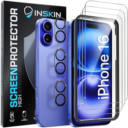 Inskin Tempered Glass for iPhone 16 Screen Protector, Screen Protector 16 with Camera Lens Guard and Auto Alignment Tray – 6.1 inch (2024), Ultra HD, Case Compatible, 3+3 Pack
