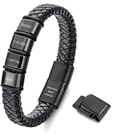 Murtoo Personalisiertes Lederarmband für Herren - Gravur Armband Mit Namen, Schwarz, 4 Ringe - Geschenkidee für Männer