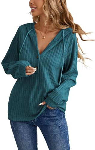 iChunhua V Neck Hoodies Womens Button Up Long Sleeve Tops With Hood Autumn Winter Warm Ladies Hooded Sweatshirt Blue Green M