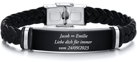 Personalisiertes Herren Lederarmband, Herren Armband mit Gravur, Schwarz Mikrofaser-Leder Flechtarmband - DIY Name Nachricht Armbänder für Herren, Geschenke für Männer (Schwarz)