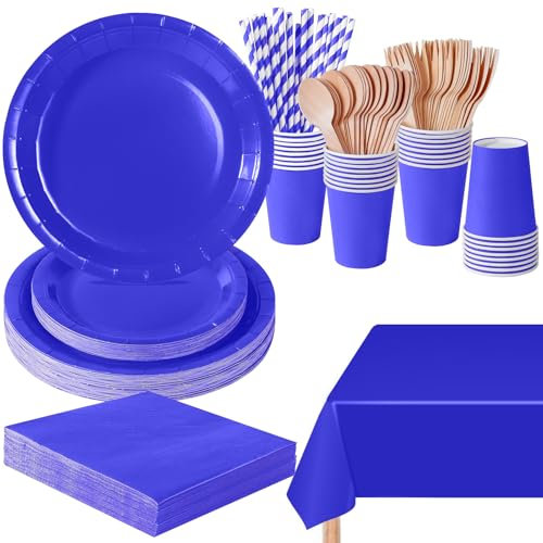 PYAILI Anniversaire Vaisselle de fete 169 Pièces Bleu Joyau Party Assiettes en Papier Set Assiettes de Fête Papier Tasses Serviettesr, pour Barbecue les Fêtes les Pique-niques -24 Invités