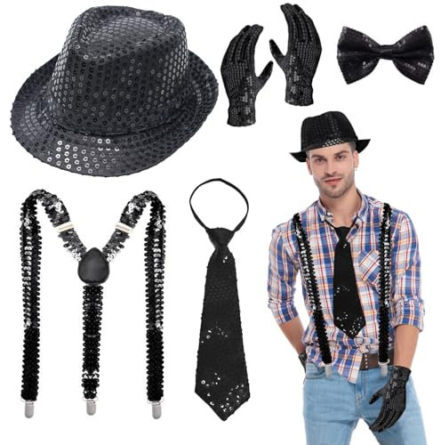 Glitzer Accessoires Herren, Glitzer Kostüm Herre, mit Krawatte, Pailletten Herrenhut Handschuhe, Hosenträger, Fliege, Glitzer Outfit Herren für Fasching Party Dance Performence