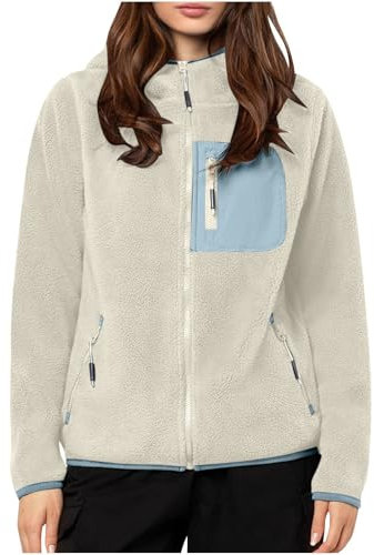 SMUXP Damen-Fleece-Jacke, Sherpa-Sweatshirt, mit Reißverschluss, warm, langärmelig, Kontrastfarbe, Laufjacke, lässig, flauschig, Patchwork, Wintermantel mit Taschen, 2#Beige, XXL