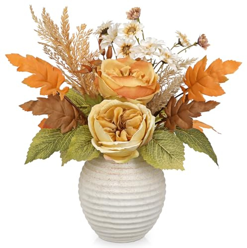 Hollyone Herbst Kunstblumen Gelb Künstliche Pfingstrose in Vase mit Ahorn Sonnenblume Weizen Dekorative Seidenblume für Herbstdekorationen Ernte Halloween Thanksgiving Tischdekoration