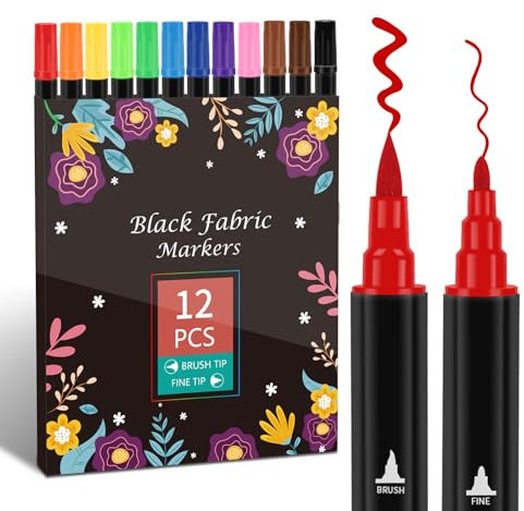 ABEIER 12 Fabric Marker-Dual Tip Fabric Pens,Fabric Markers Pens Set Washable Resistant Fabric Paint Pens Permanent for Cothes Personalizing Shirts Bags Hats Canvas