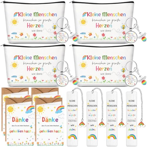 Nezyo 4 Sets Kita Abschiedsgeschenke für Erzieherin Dankeschön Geschenke | Lehrerin Kosmetiktasche, Dankeskarten, Perlenengel Schlüsselanhänger, Lesezeichen, Erzieherin Abschied Geschenk Kindergarten