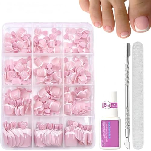 French False Toenails Kit - 240pcs Short Square Pink Toe Nails False With Glue - Glossy White French Tip Fake Toe Nails - Full Cover Stick On Toenails For Women Nail Art Gift Manicure