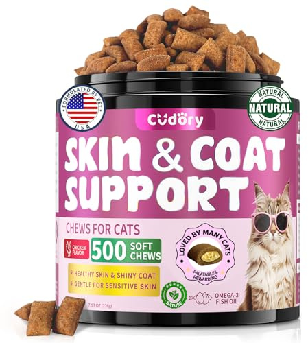 Natural Skin and Coat Support for Cats – Crunchy and Creamy Chicken Chews with Omega 3, Biotin and Vitamin E – Helps Maintain Healthy Skin and a Glossy Coat – 500 Chews