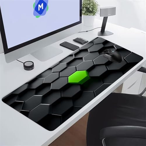 Tapis de Souris Gaming Géométrique Vert Noir XXL Mouse Pad, Grand Tapis Bureau avec Base Anti-Dérapage, Extended Long Clavier Pad Large Mousepad pour PC Gamer et Le Bureau 800x300x2 mm
