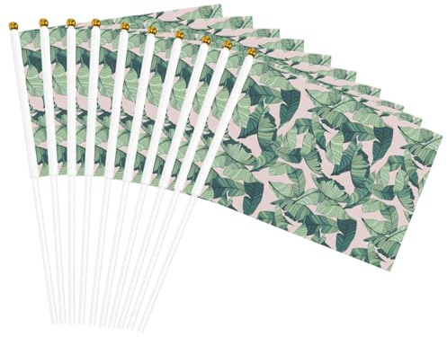 Drapeaux portables avec feuilles de palmier vertes et roses - Pour événements sportifs, célébrations, décorations d'intérieur et d'extérieur