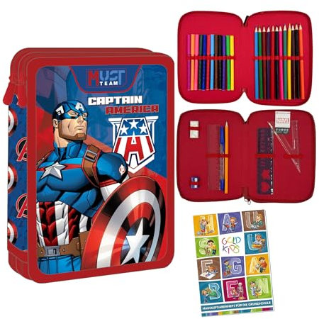 PASO - Federmäppchen 2 Fächer - Mäppchen für Jungen - Federmappe 2-Fach Federtasche Gefüllte Schüleretui Schulmäppchen und Hausaufgabenheft - Avengers