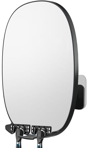 Famihomii Shower Mirror Anti Fog for Shaving, 2 Holders Shaving Mirror | Fogless Bathroom Mirror Wall Mounted, 360° Rotation No-Drilling Adhesive, Shatterproof Waterproof Shower Mirror, Black