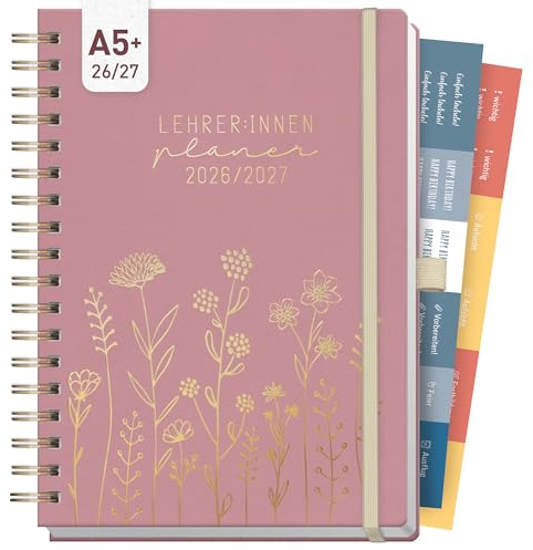 Häfft Lehrer-Planer Deluxe 2026/2027 A5+ Fine Flowers rosé | Schöner Lehrerkalender mit Spiralbindung, Schulplaner 26/27 für Grundschule, weiterführende Schulen & Referendariat