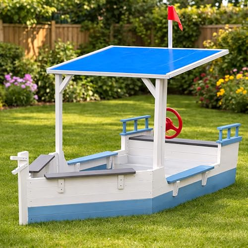 Kiddo Skipper Sandkasten Boot mit Baldachin, Lenkrad, Sitzgelegenheit und Fahnenmast, blau und weiß, Outdoor Spielsandkasten für Kinder mit Bodenplane